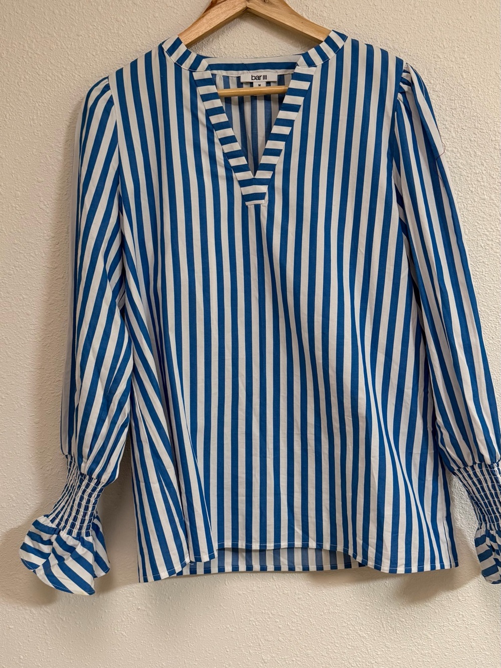 Bar III Blue and White Vertical Stripe V-Neck Blouse